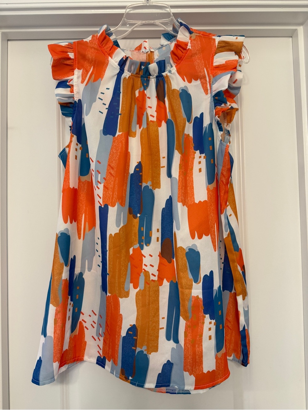 Colorblock Brushstroke Ruffle Sleeve Tank Top - White, Orange & Blue